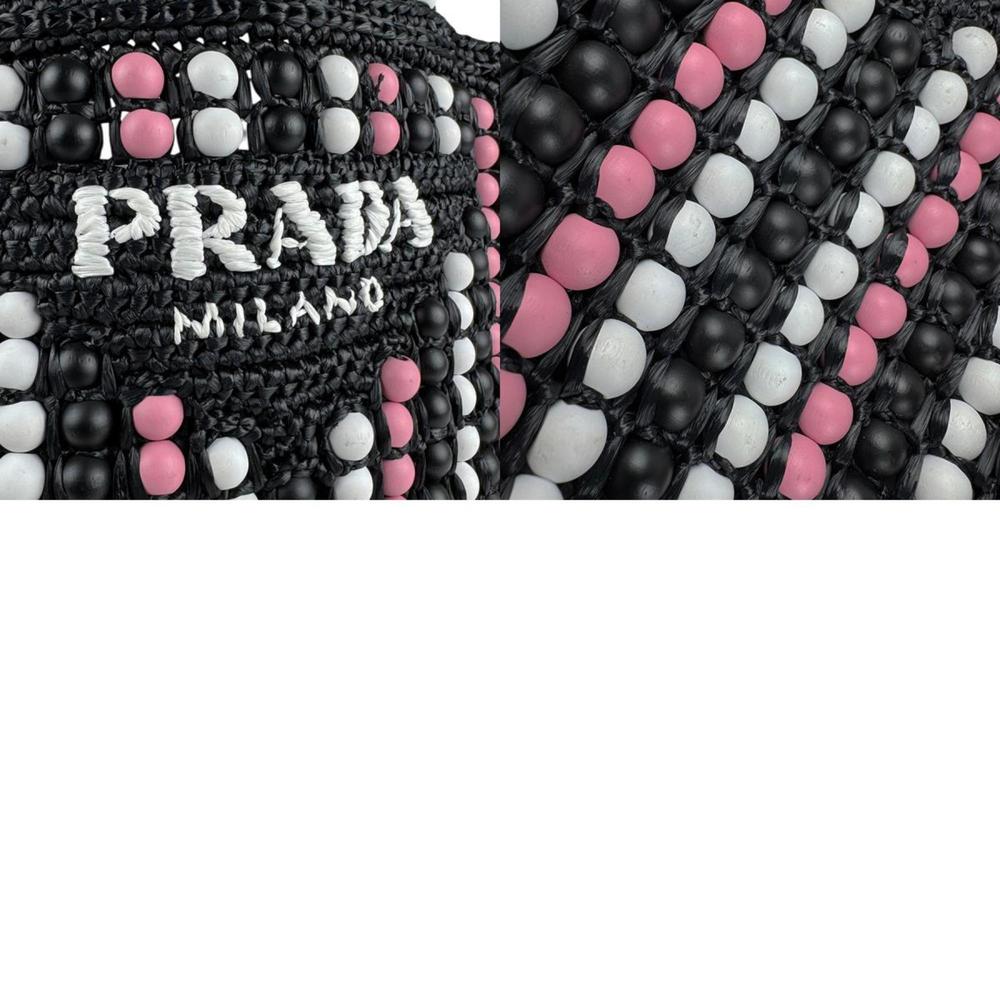 PRADA handbag tote bag raffia wood black white pink ladies z5783 - Picture 5 of 5
